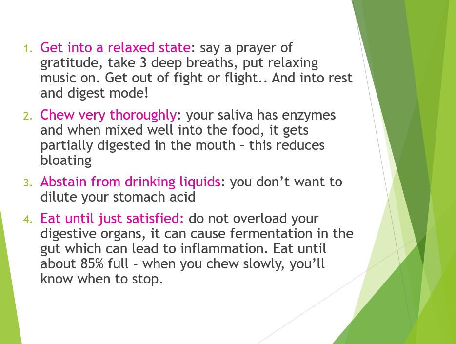 A summary of Habits: 1. Get into a relaxed state (taking 3 deep breaths before eating) 2. Chew very thoroughly 3. Abstain from drinking liquids 4. Eat until just satisfied