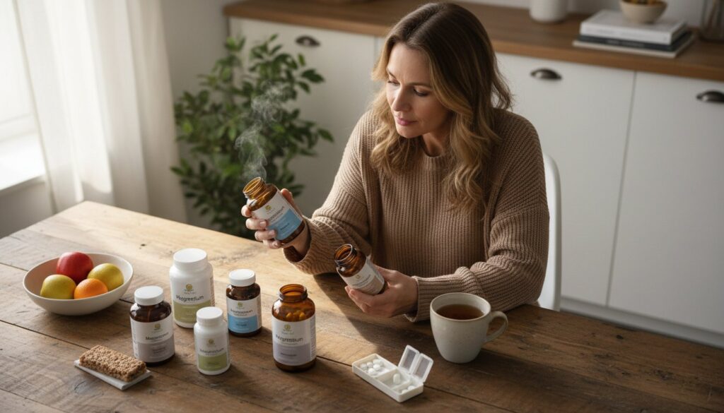 Overhead view of a woman comparing magnesium supplement labels at a kitchen table