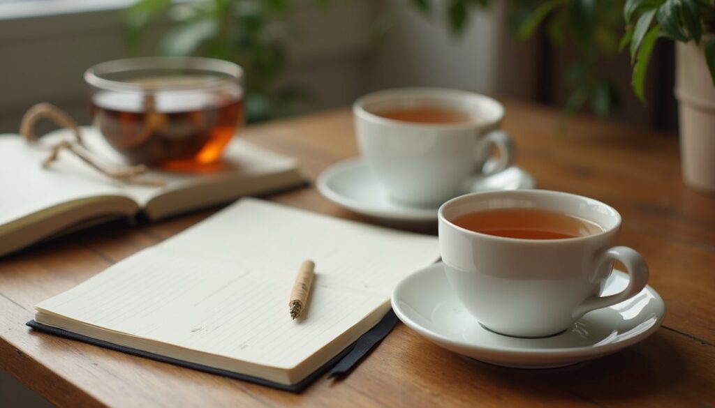 Gros plan d’un carnet et d’une tasse de tisane sur une table en bois