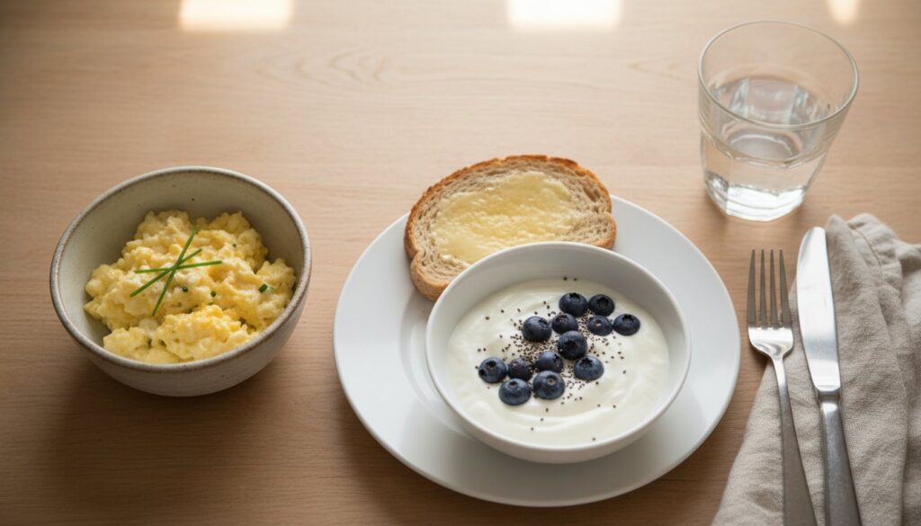 Vue en plongée d’un repas doux riche en protéines : œufs, yogourt grec, petits fruits et rôtie.
