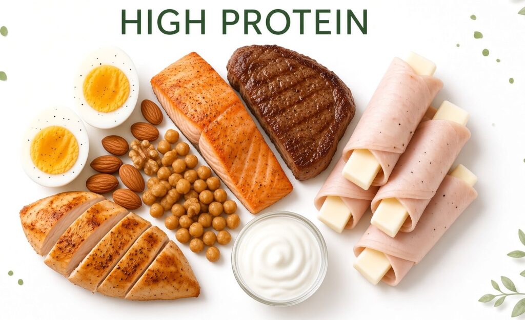 Aliments riches en protéines : œufs, volaille, fromage, légumineuses, tofu, noix, graines, poisson, yogourt, steak et produits d’origine animale