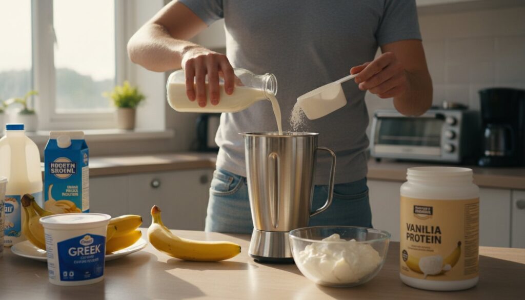 Vue à hauteur des yeux d’une personne qui prépare un smoothie protéiné avec du yogourt, du lait, une banane et de la poudre de protéines.