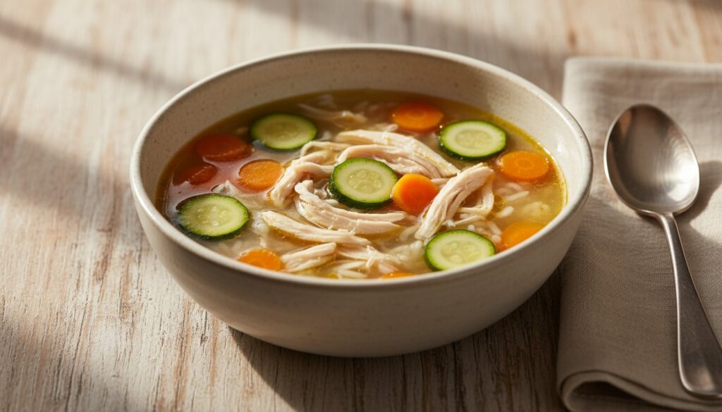 Gros plan d’un bol de soupe au poulet avec des légumes tendres et du poulet effiloché.