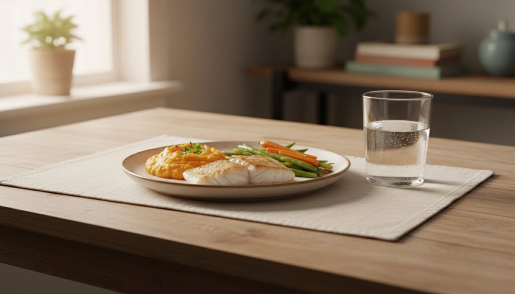 Vue grand angle d’un petit souper équilibré : poisson au four, purée de patates douces et légumes cuits.