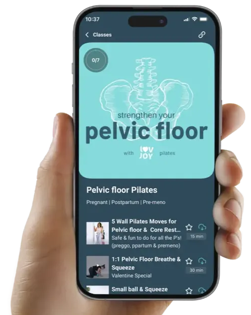 Téléphone affichant le programme du plancher pelvien de LovJoy Pilates