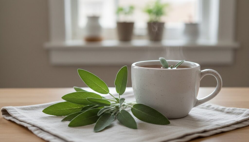 Close-up of fresh sage leaves beside a cup of tea and a linen napkin