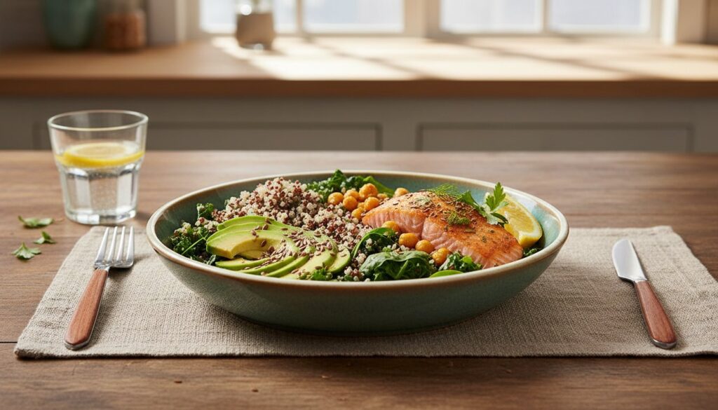 Eye-level view of a balanced bowl with salmon, quinoa, greens, avocado, and flaxseed