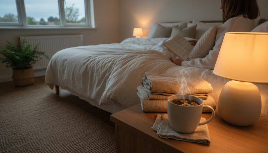Wide-angle view of a calm bedroom with herbal tea on a bedside table and soft evening light