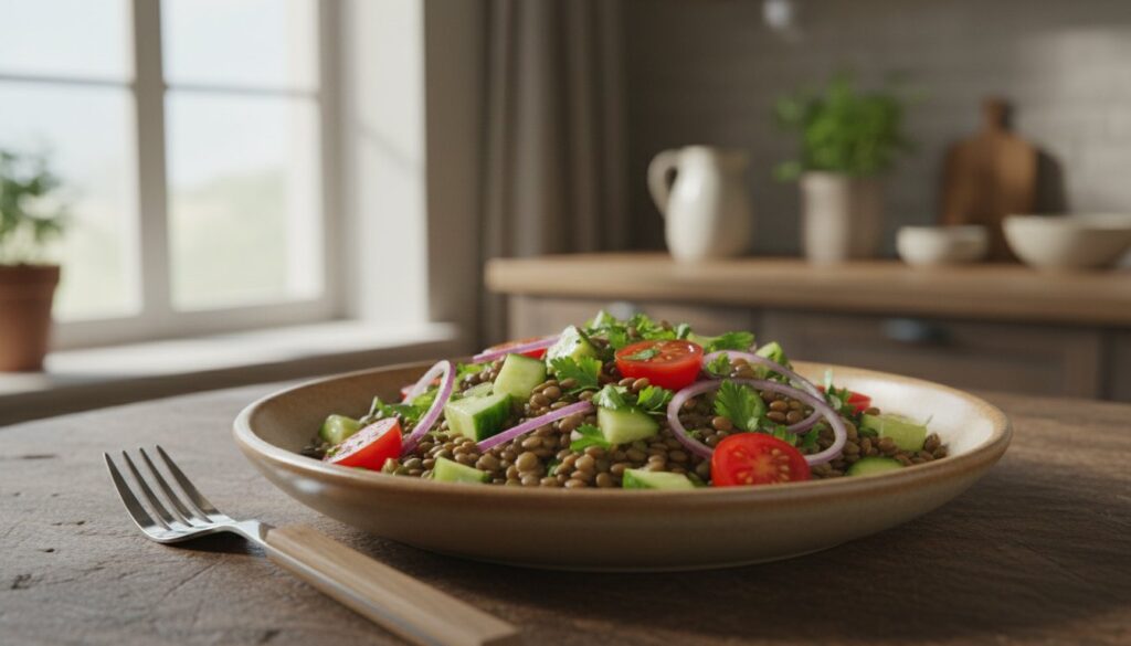 Gros plan d’une salade de lentilles et de légumes à l’huile d’olive dans un bol peu profond.