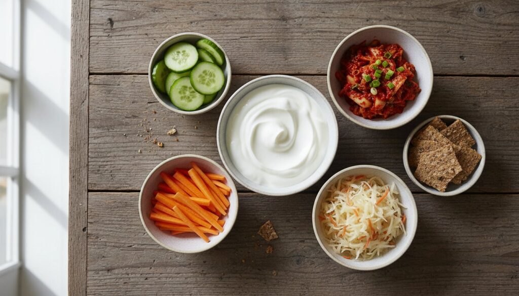 Vue de dessus d’aliments fermentés et de légumes disposés sur une petite table.