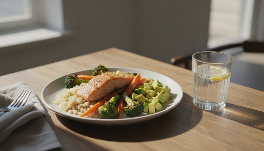 Vue grand angle d’une assiette de souper équilibrée avec saumon, orge et légumes rôtis.
