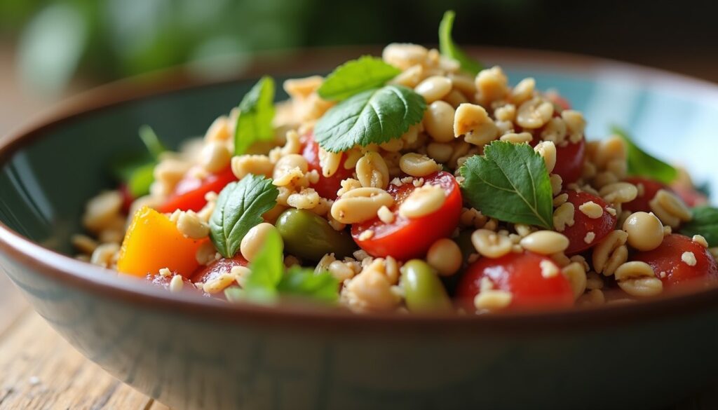 Close-up view of a colorful bowl of mixed salad with nuts and seeds